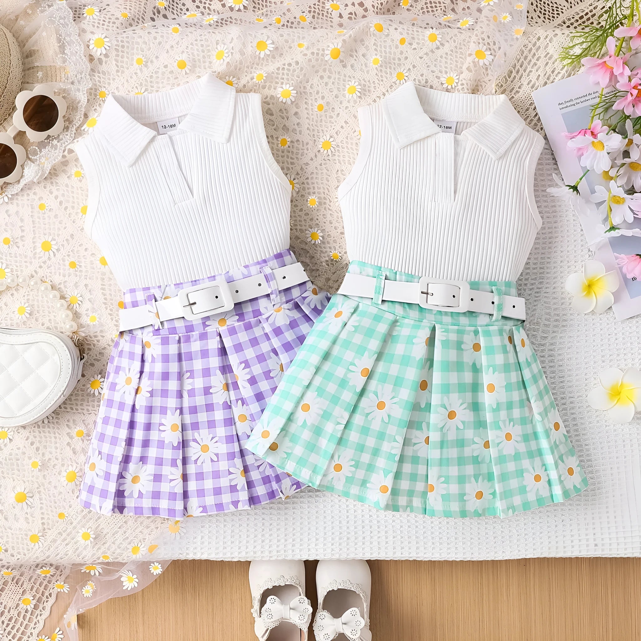Girls three-piece skirt suit with sleeveless stripe top, daisy plaid skirt, and belt in green colour