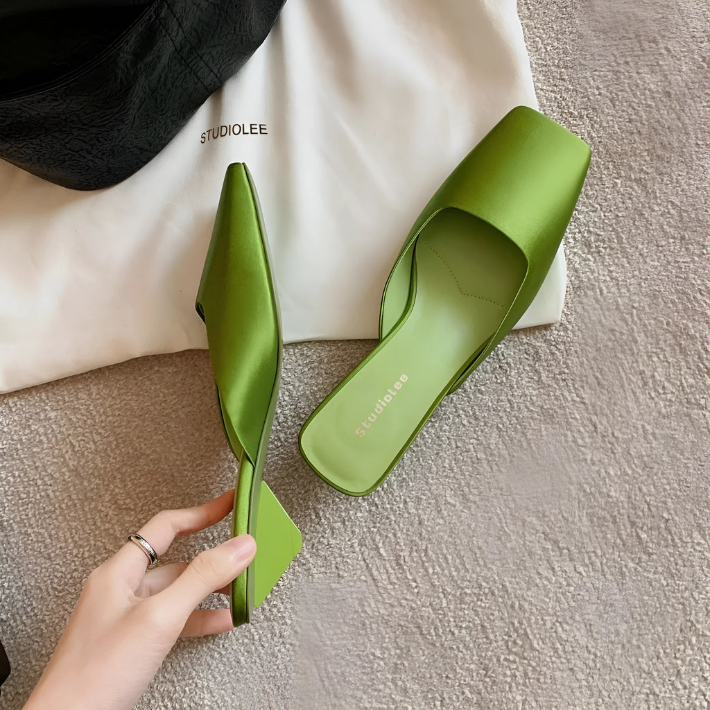 French style square toe satin muller sandals with triangle heel in Dark Night Black