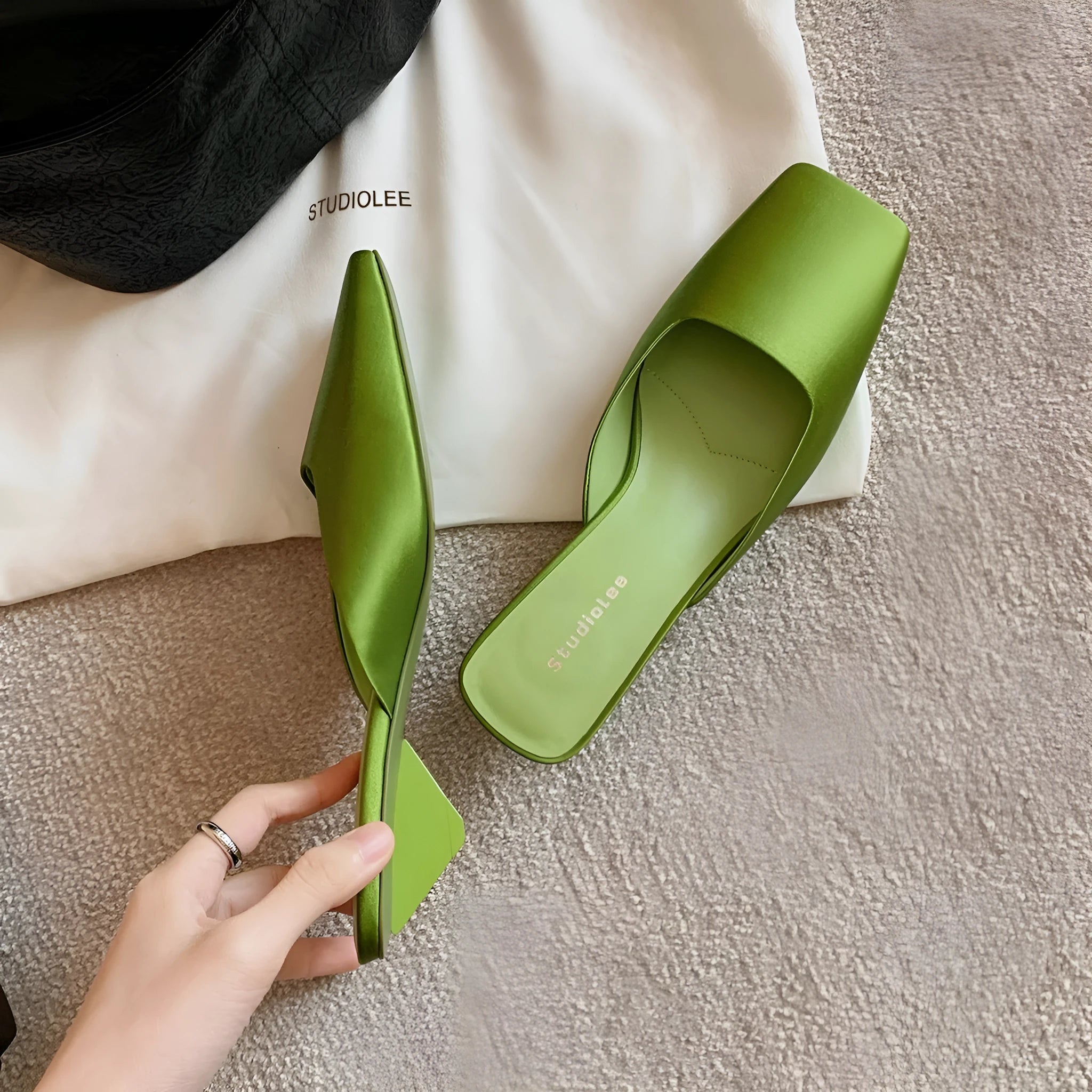 French style square toe satin muller sandals with triangle heel in Dark Night Black