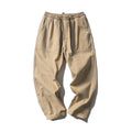 Men's loose straight twill cargo pants in khaki and gray, drawstring waist, patchwork detailing, Japanese workwear style