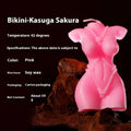 Soy wax low temperature novelty candle in a bikini shape, shown in rose red, spring pink, and lilac purple colours.