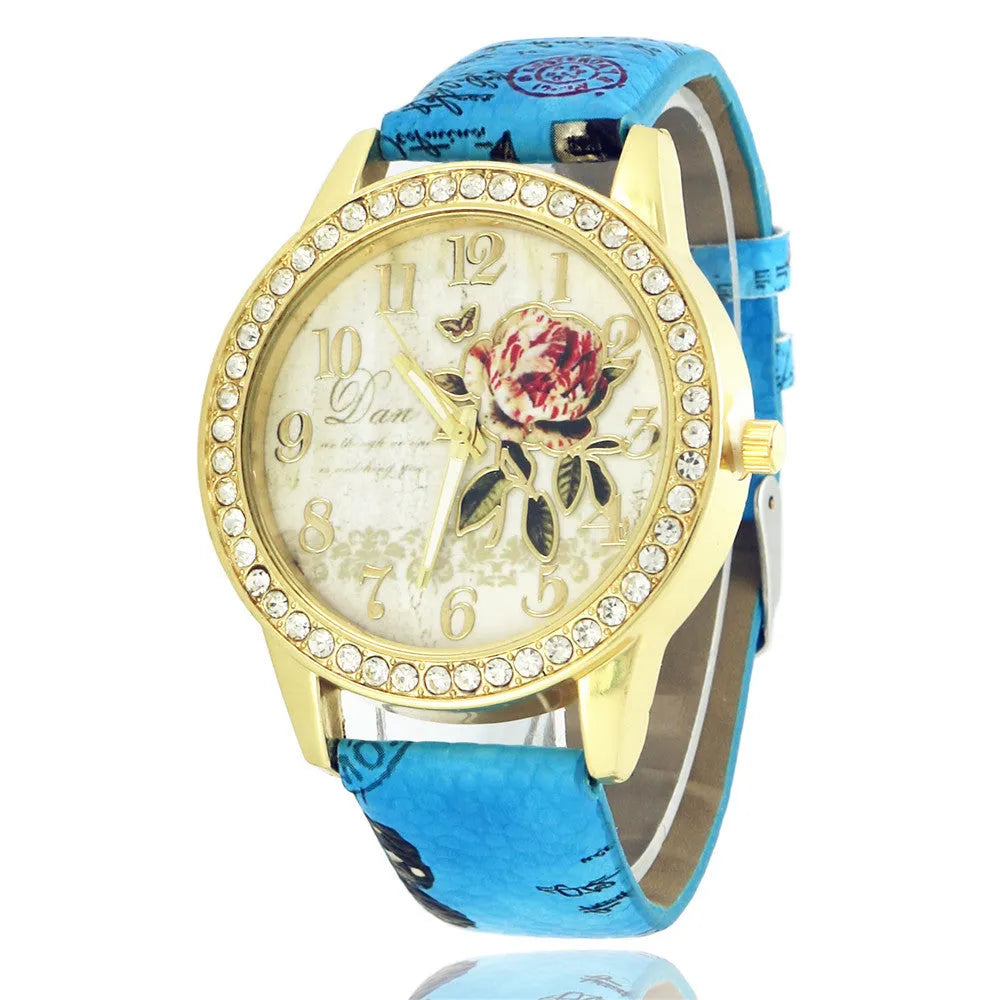 Diamond-inlaid gold case rose pattern fashion quartz watch with 38mm round dial and stainless steel buckle