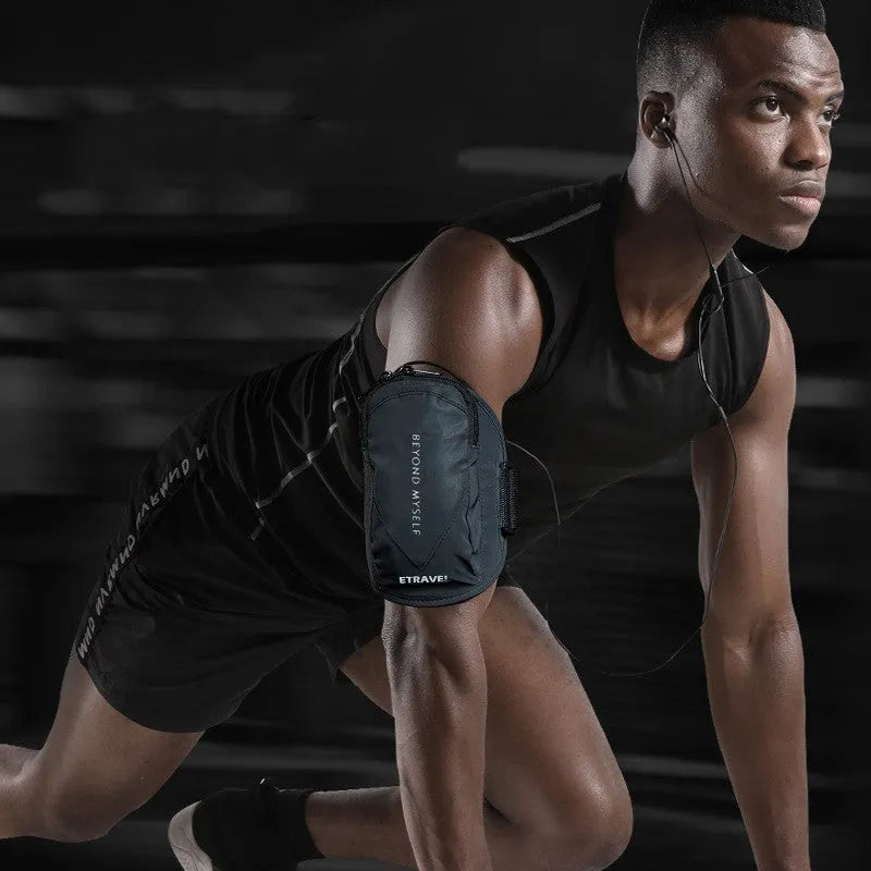 Black reflective running arm bag with adjustable strap, shown holding a smartphone, for outdoor sports safety.