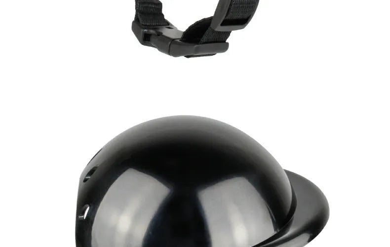 Black pet motorcycle helmet for dog or cat with adjustable strap on a bicycle