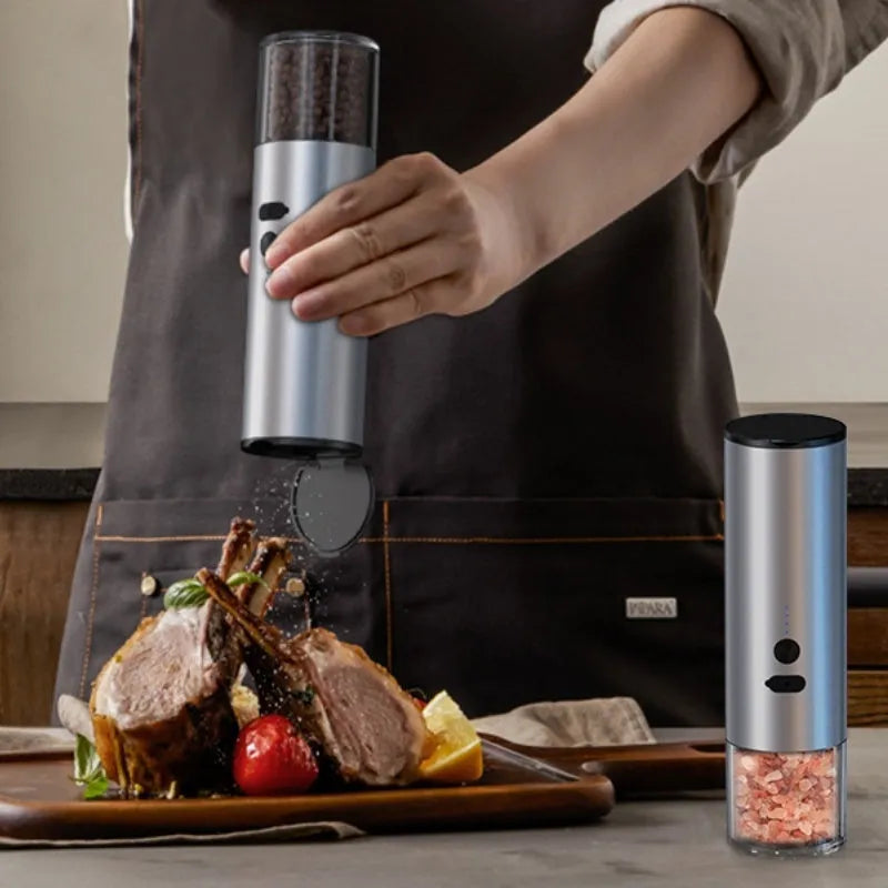 USB rechargeable electric salt and pepper grinder with clear glass jar and stainless steel top