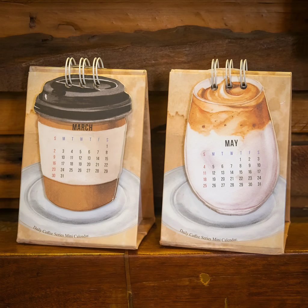 Mini desk calendar 2025 with multiple design options including Coffee Time theme
