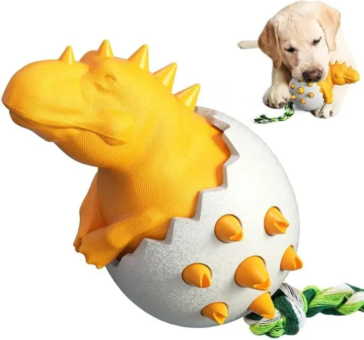 Blue durable dog chew toy shaped like a dinosaur with textured surface and rope, for aggressive chewers.