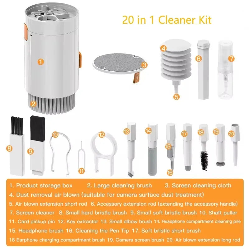 20-in-1 laptop phone screen cleaner kit with cylindrical storage, includes brushes and key puller for keyboards