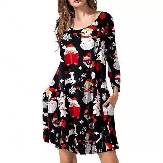 Printed T-shirt dress with A-line skirt, 3D pattern, polyester fabric, available in Halloween and Christmas colours