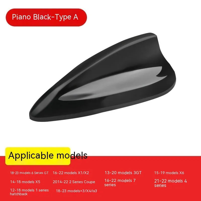 BMW shark fin antenna cover in carbon fibre and piano black finishes for Types A, B, and E.