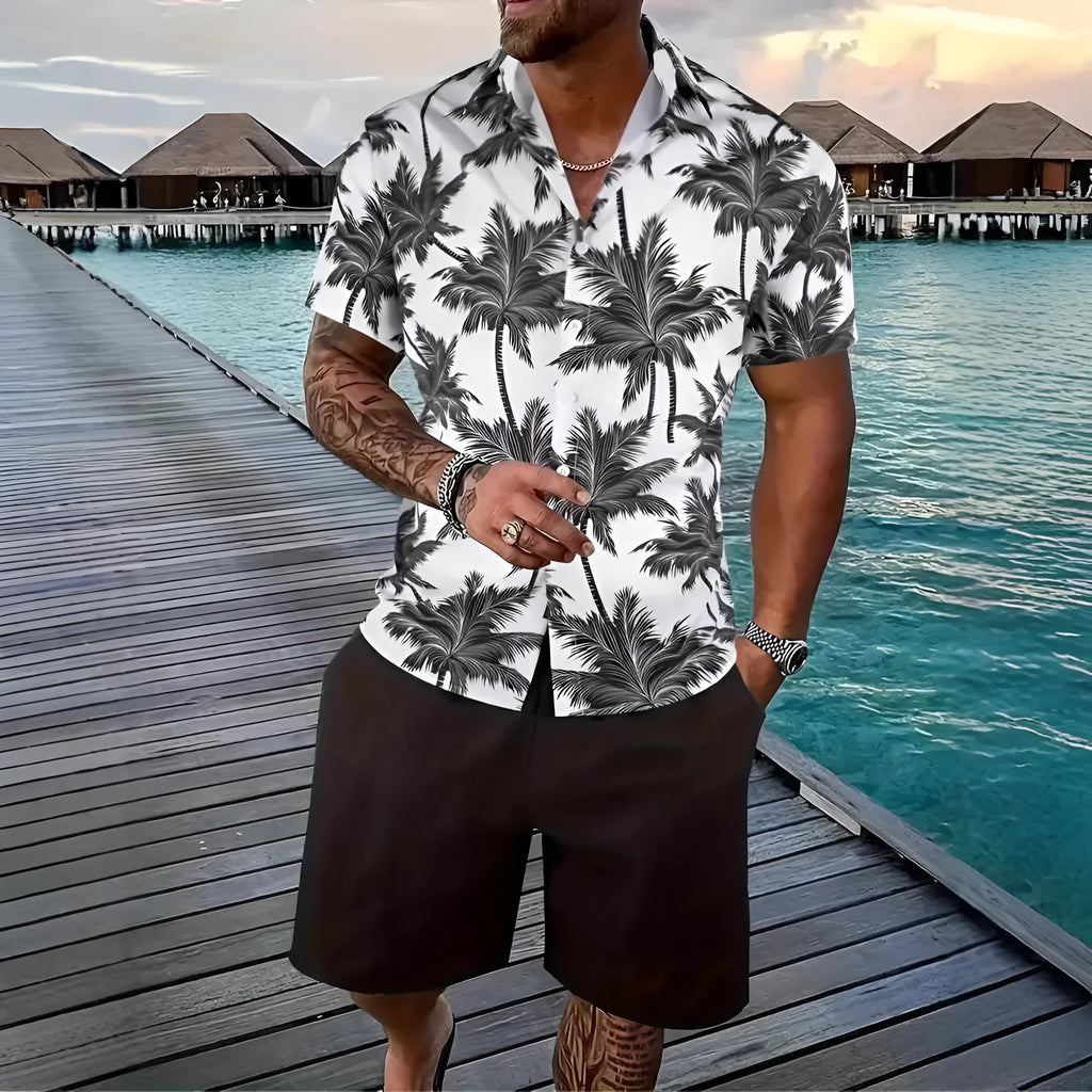 Man wearing a 3D printed Hawaiian-style short sleeve top and matching shorts, a casual polyester leisure suit.