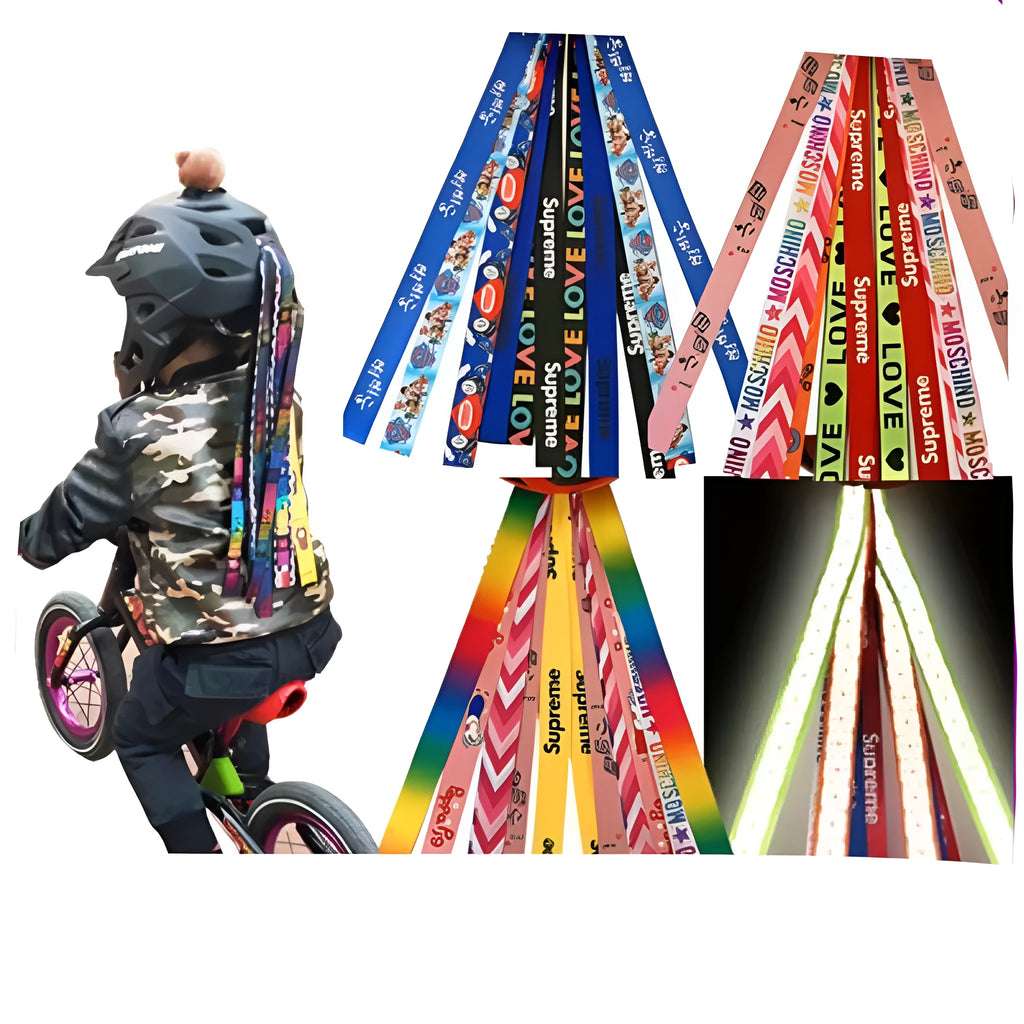 Set of colourful ribbon streamers attached to a child's helmet for roller skating.
