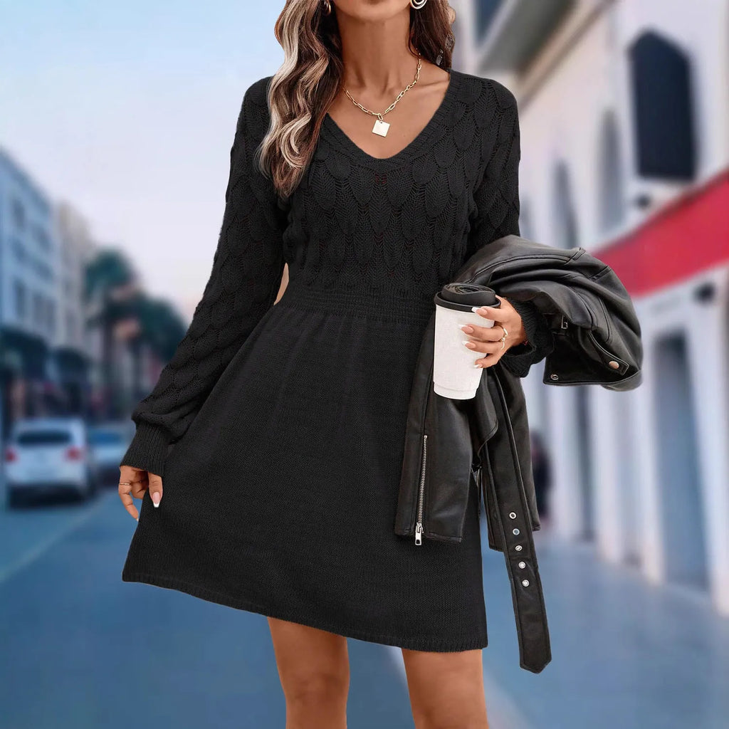 Women's apricot v-neck long sleeve dress with a high waist and a textured 3D artistic pattern.