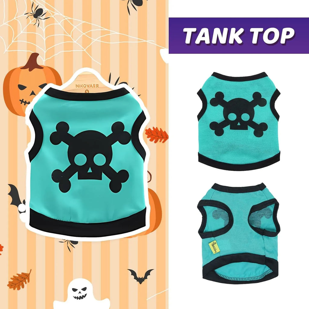 Set of five blue, orange, and purple cotton dog vests with Halloween skull bones pattern.