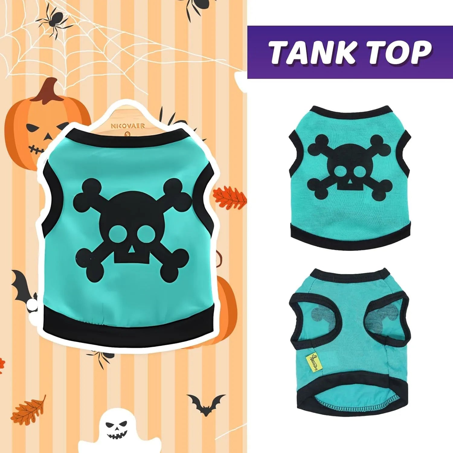 Set of five blue, orange, and purple cotton dog vests with Halloween skull bones pattern.