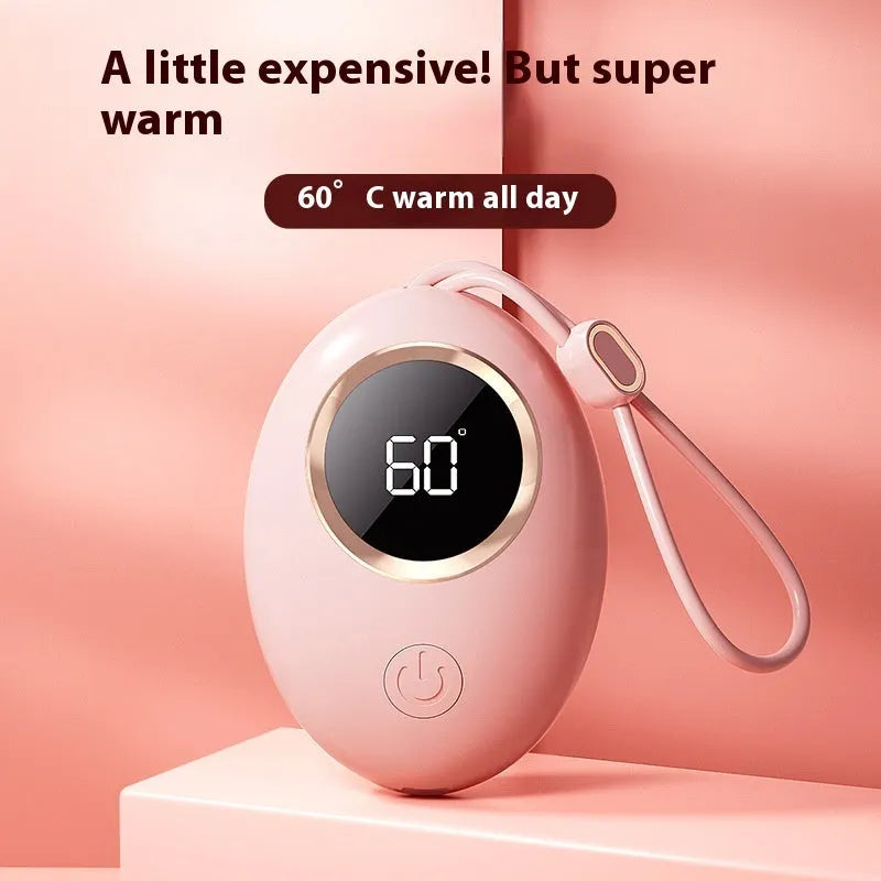 Compact hand warmer power bank with digital display in pink and other colour options.