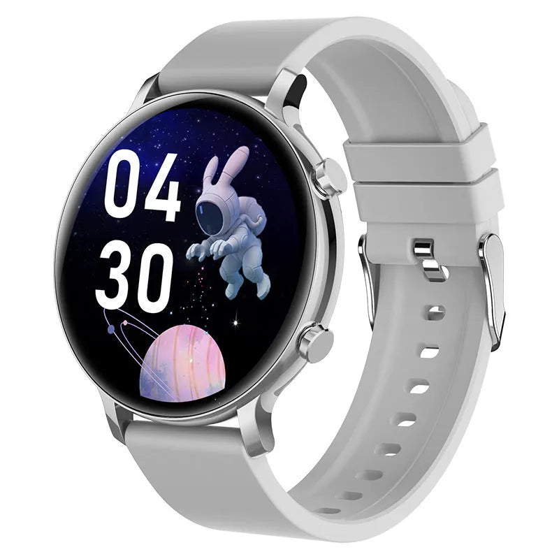 Black Bluetooth smartwatch with stainless steel strap showing call screen and heart rate monitor