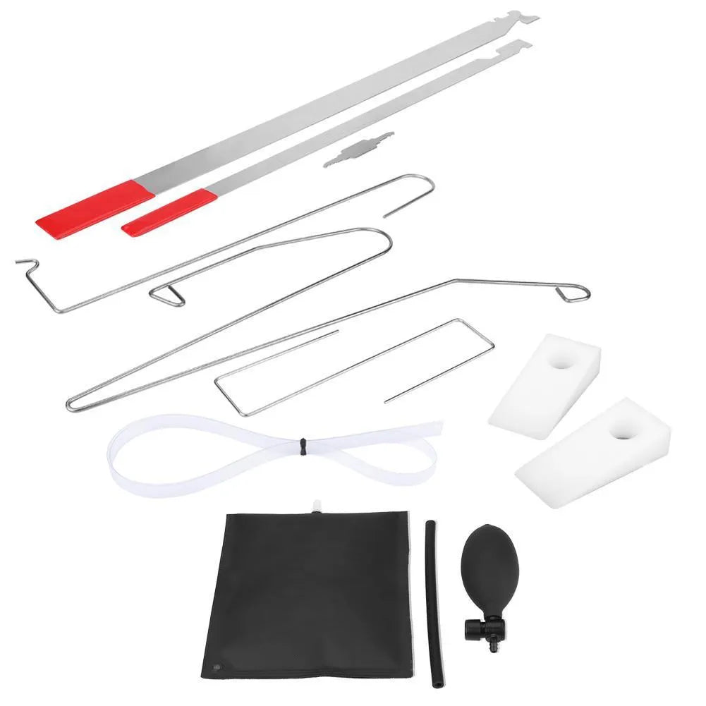 Nine-piece automotive maintenance tool set showing air pump wedge, plastic wedges, metal crowbars and hooks for car door access