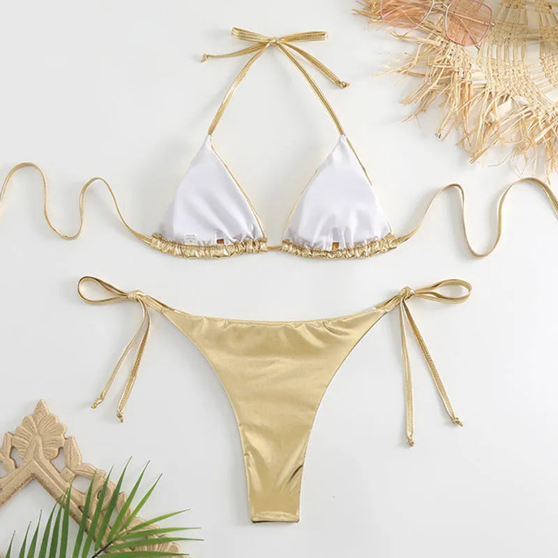 Women's gold lace-up bikini made from polyester fabric, shown on a size mannequin.