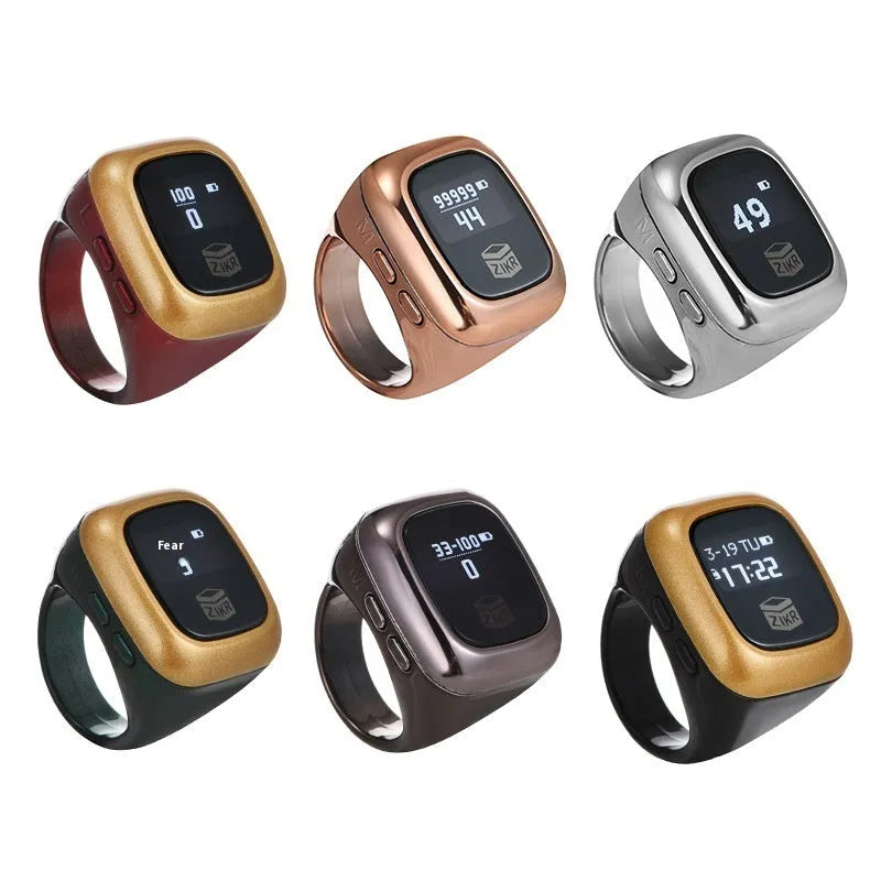 Al-Fatiha Zikr digital wrist counter on strap, showing display screen, available in multiple colours and sizes.