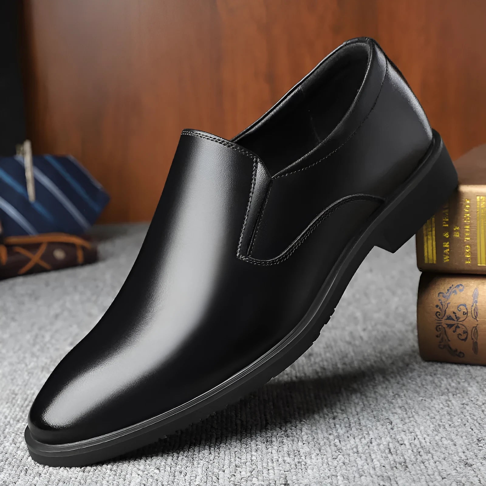 Men's black business casual slip-on shoes with leather upper and rubber sole
