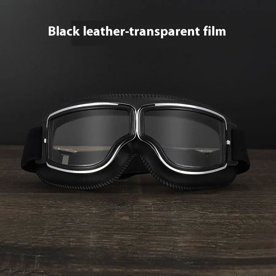 Men's retro outdoor goggles with polypropylene frame and black leather, available in multiple lens colours