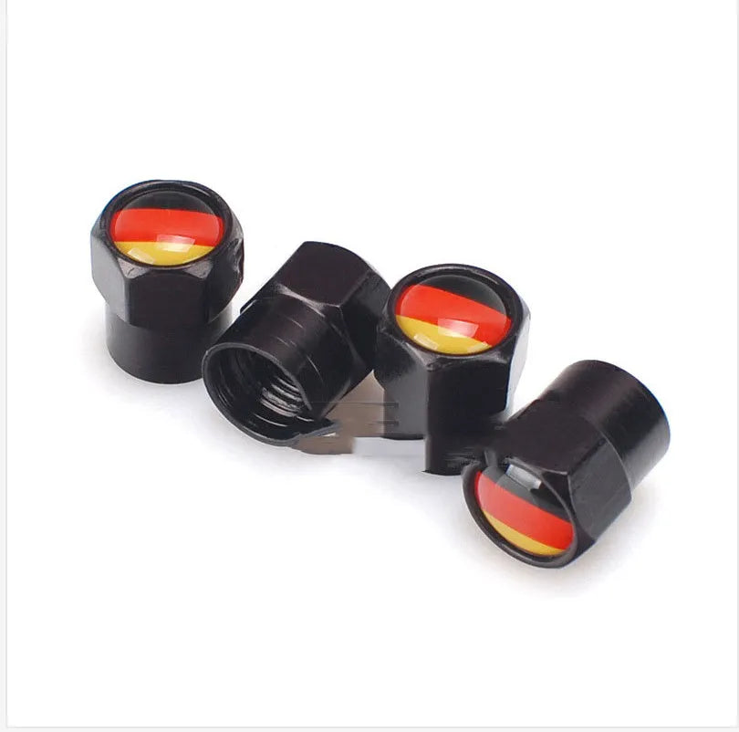 German flag valve cap black metal stainless steel 13mm by 9mm set of 4