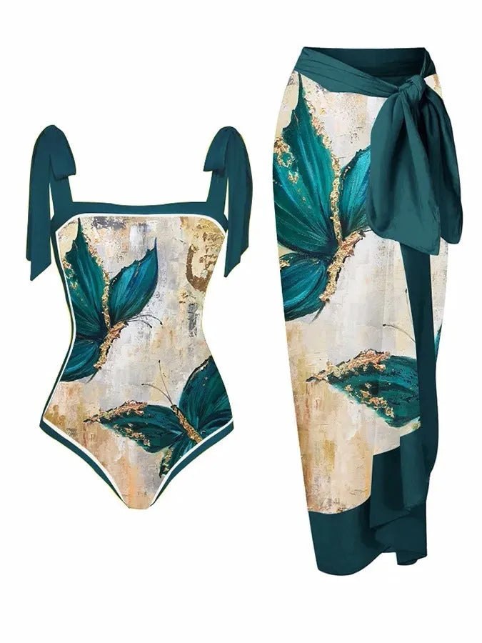Women's floral print two-piece swimsuit with matching chiffon skirt