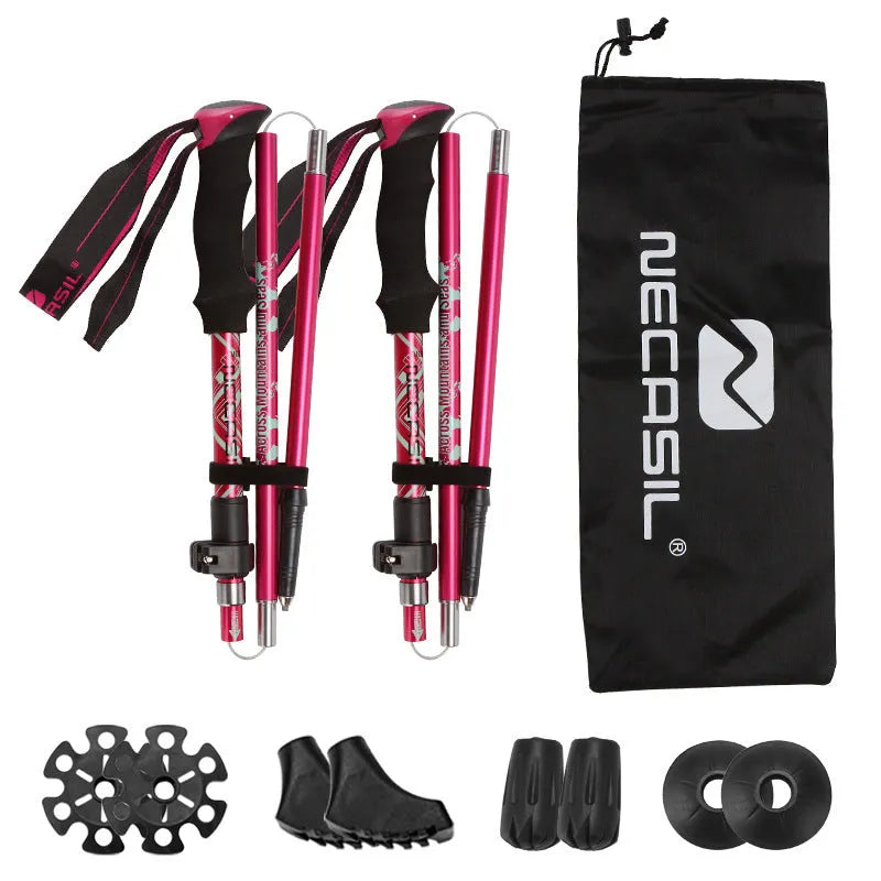 Adjustable aluminium alloy hiking cane 32-125cm in black, bright red, sky blue, green, rose pink, purple, orange, or sapphire blue