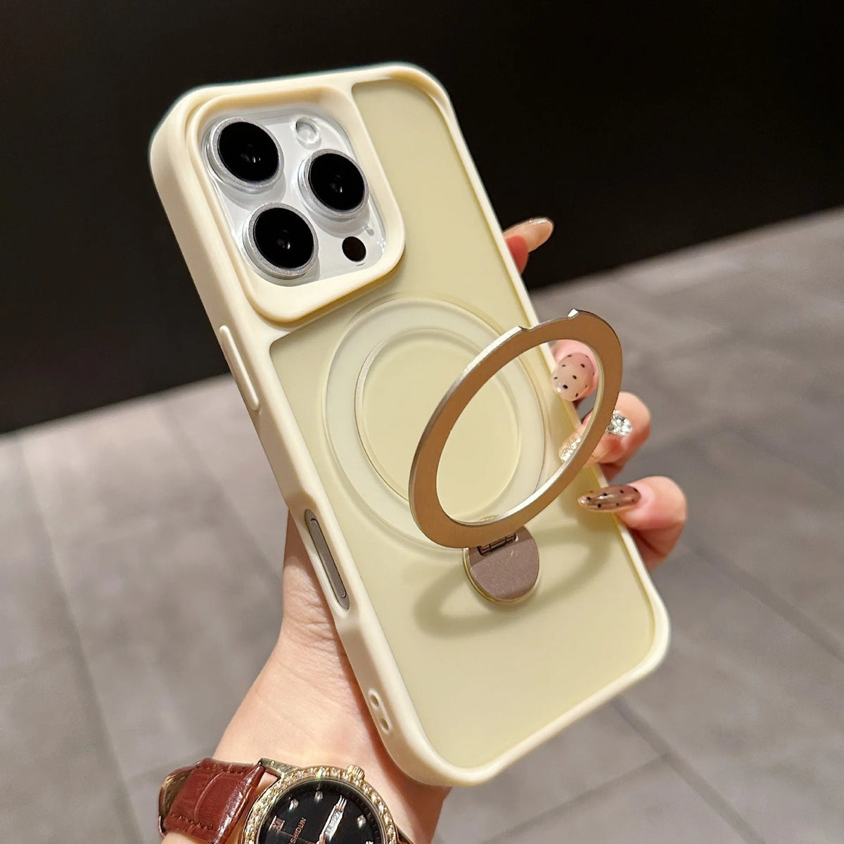 iPhone 16 Pro case with 360 rotating bracket and magnetic suction, frosted TPU PC, shown in purple colour option