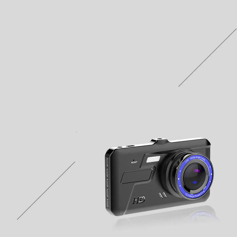 Black front and rear dual lens car dashboard camera with 4-inch touch screen display