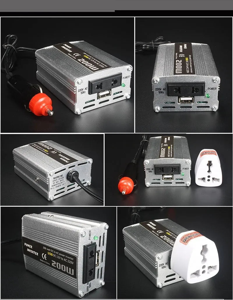 200W car inverter with USB in silver die-cast aluminium housing, 12V to 110V/220V vehicle power converter