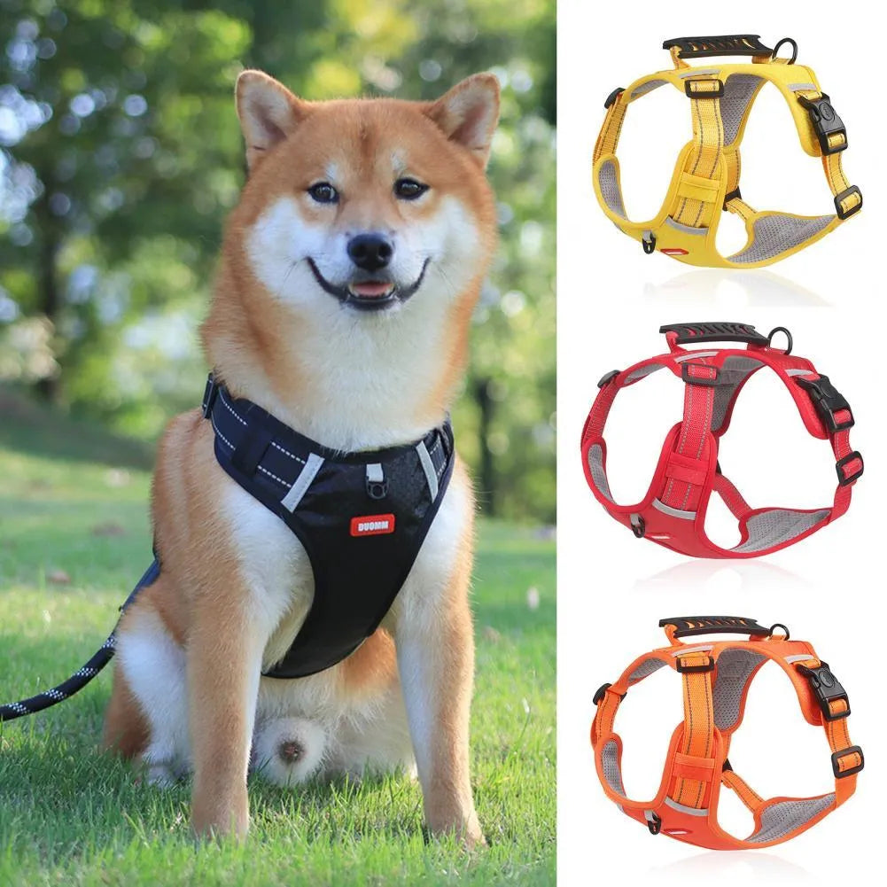 Orange adjustable nylon dog harness vest with reflective strips and breathable mesh panelling.