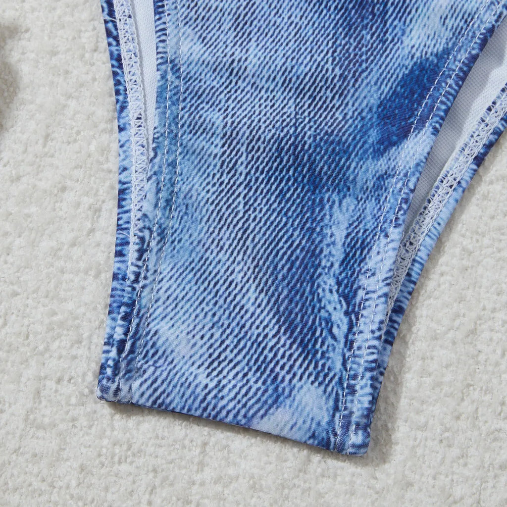 Denim blue women's bikini swimsuit with adjustable straps, shown as a complete set.