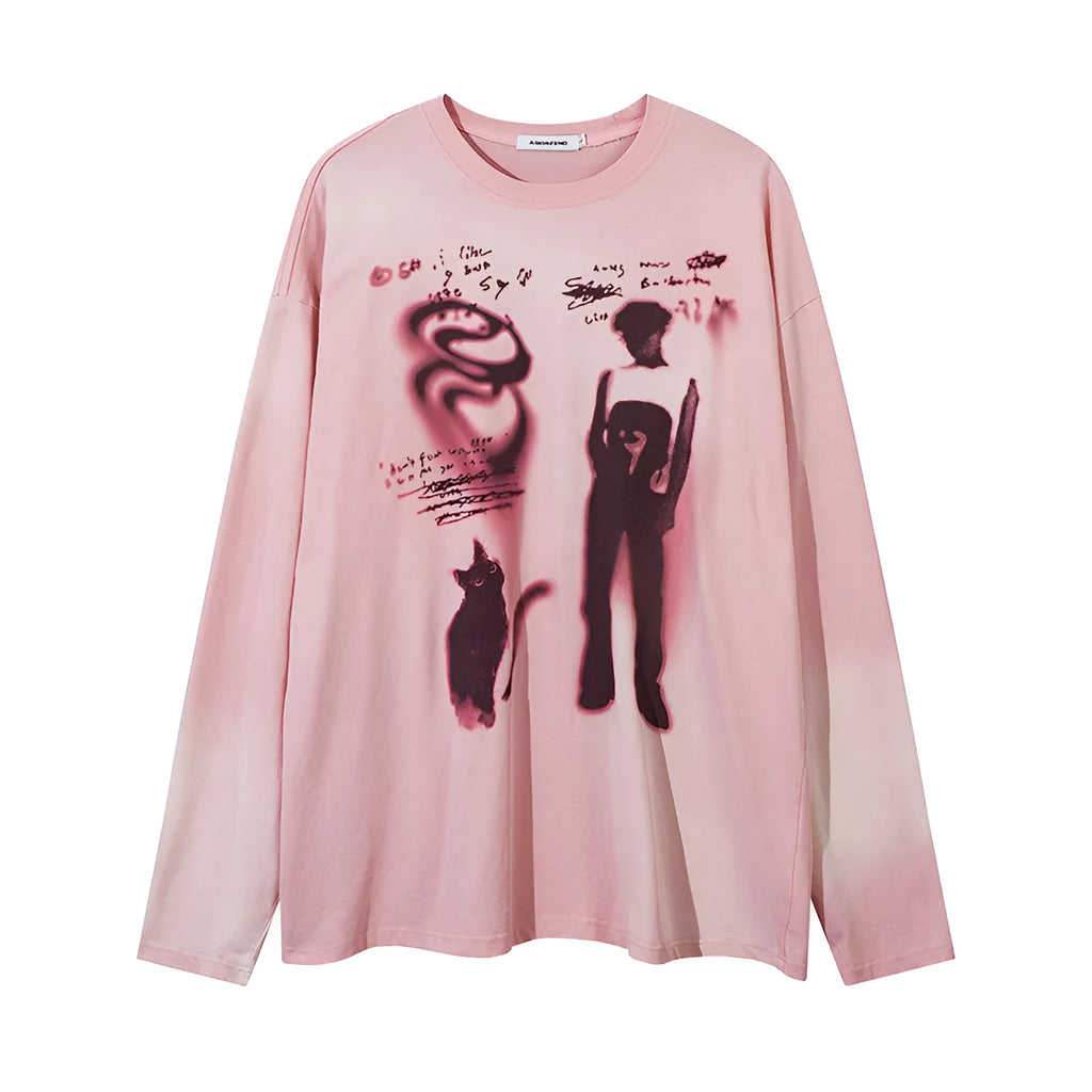 Women's loose long-sleeve cotton pullover top with drop shoulders in dark grey with a letter pattern.