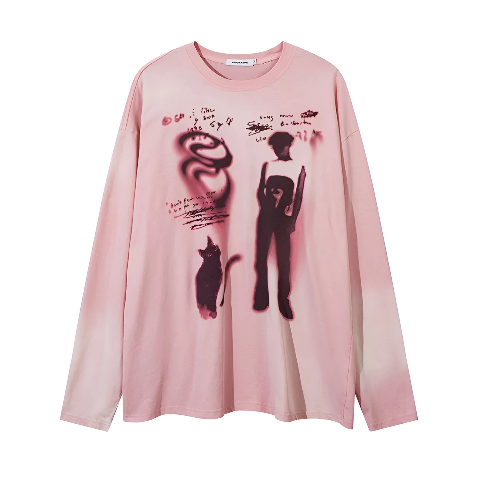 Women's loose long-sleeve cotton pullover top with drop shoulders in dark grey with a letter pattern.