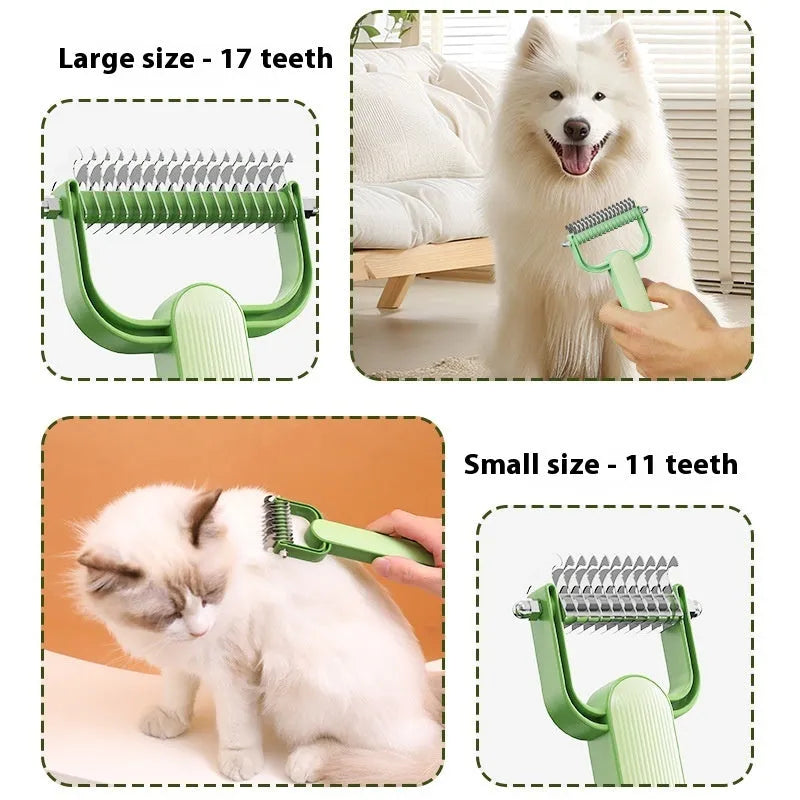 Green or grey handled dog detangling comb with stainless steel teeth, shown in small and large size options.