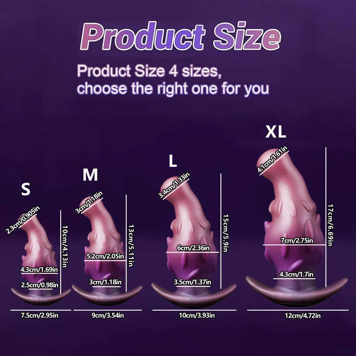 Liquid silicone adult masturbator sex toy in purple, gold, or black, showing size options S, M, L, XL.