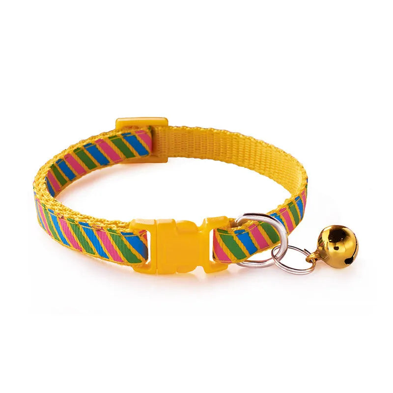Twill printed PP pet collar with bell, 1.0cm wide, 19-32cm adjustable, shown in six colours