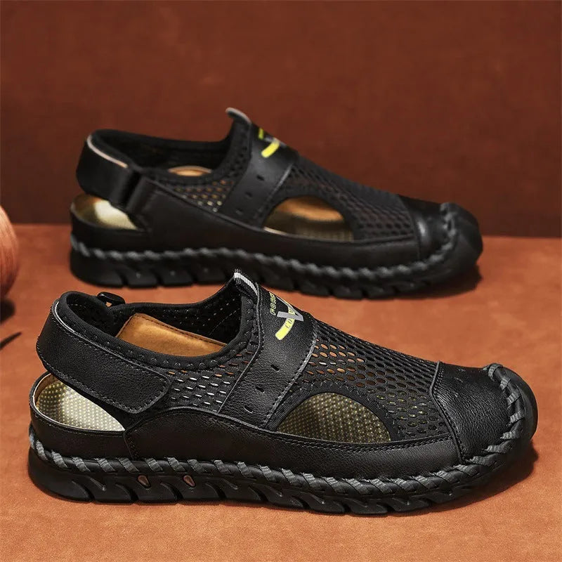 Men's brown breathable mesh low-top casual pumps with a round toe and elastic band