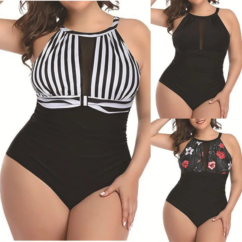 Women's solid colour one-piece swimsuit in polyester lace, shown in Black, Stripes, and Red Flower patterns.