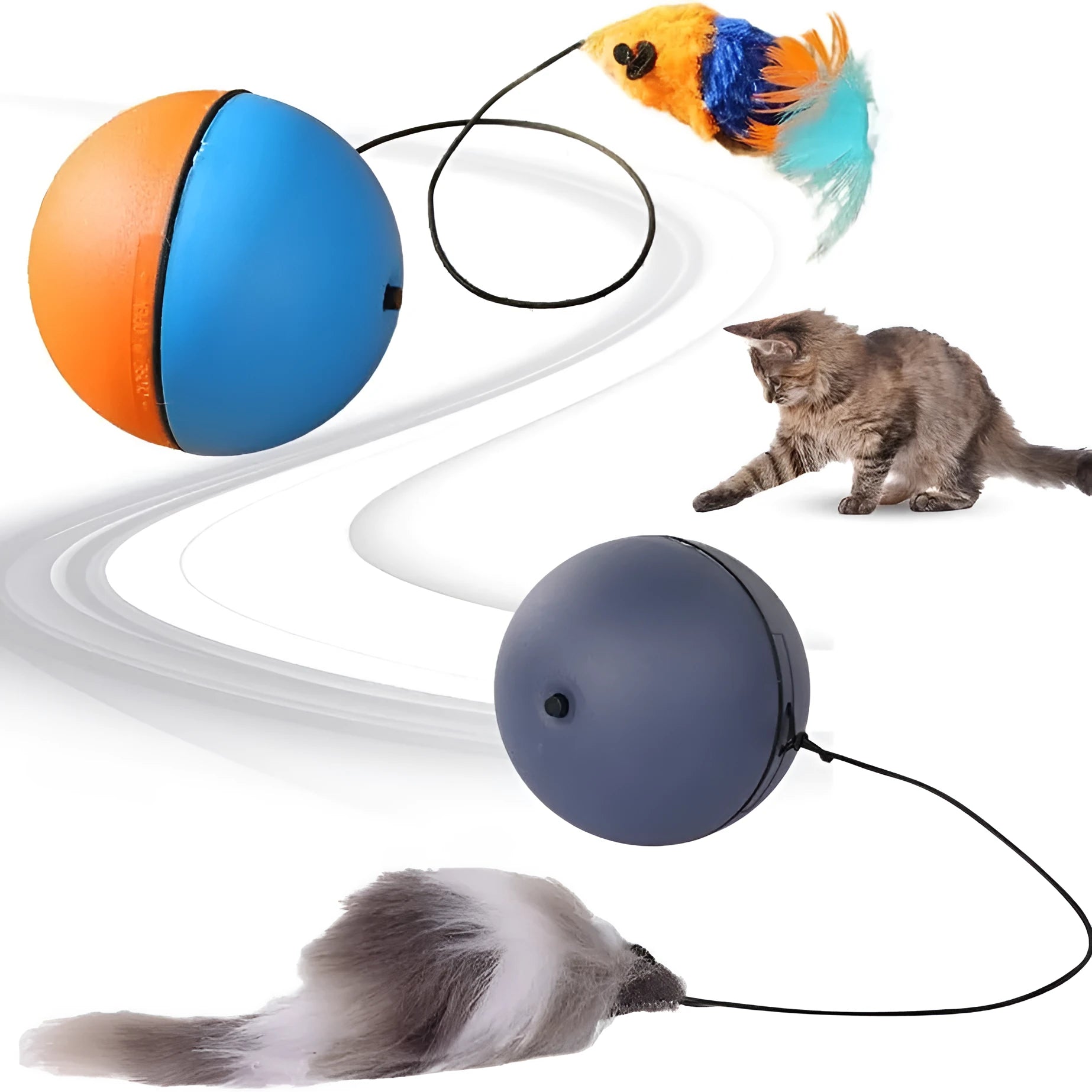Automatic self-rolling blue and orange ball toy for cats and dogs on indoor floor