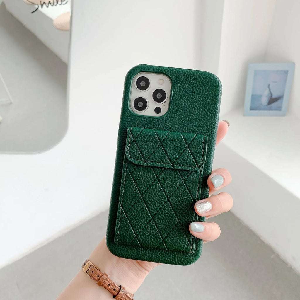Imitation leather mobile phone case with card slot for iPhone, shown in khaki colour.