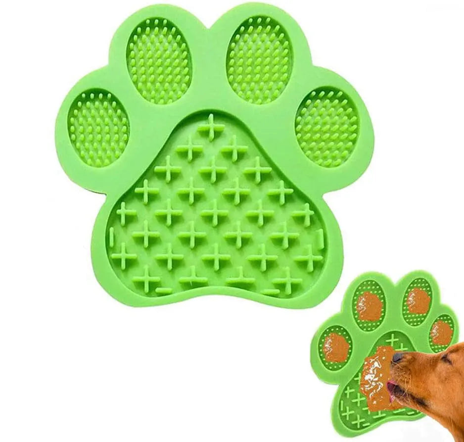 Blue silicone dog licking mat with bone texture and suction cups on the back