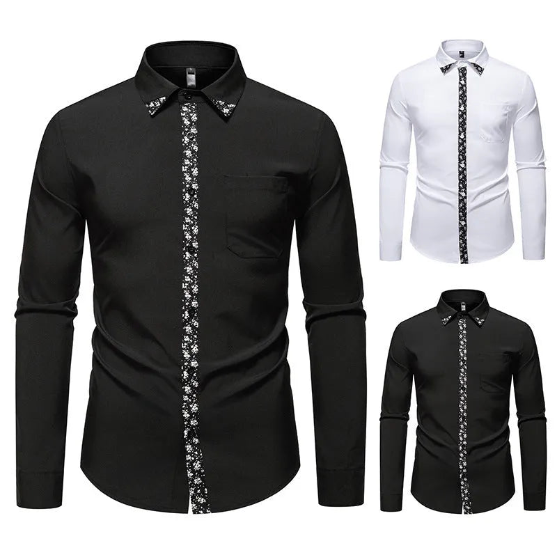 Men's black colour block long sleeve slim fit cardigan shirt in polyester