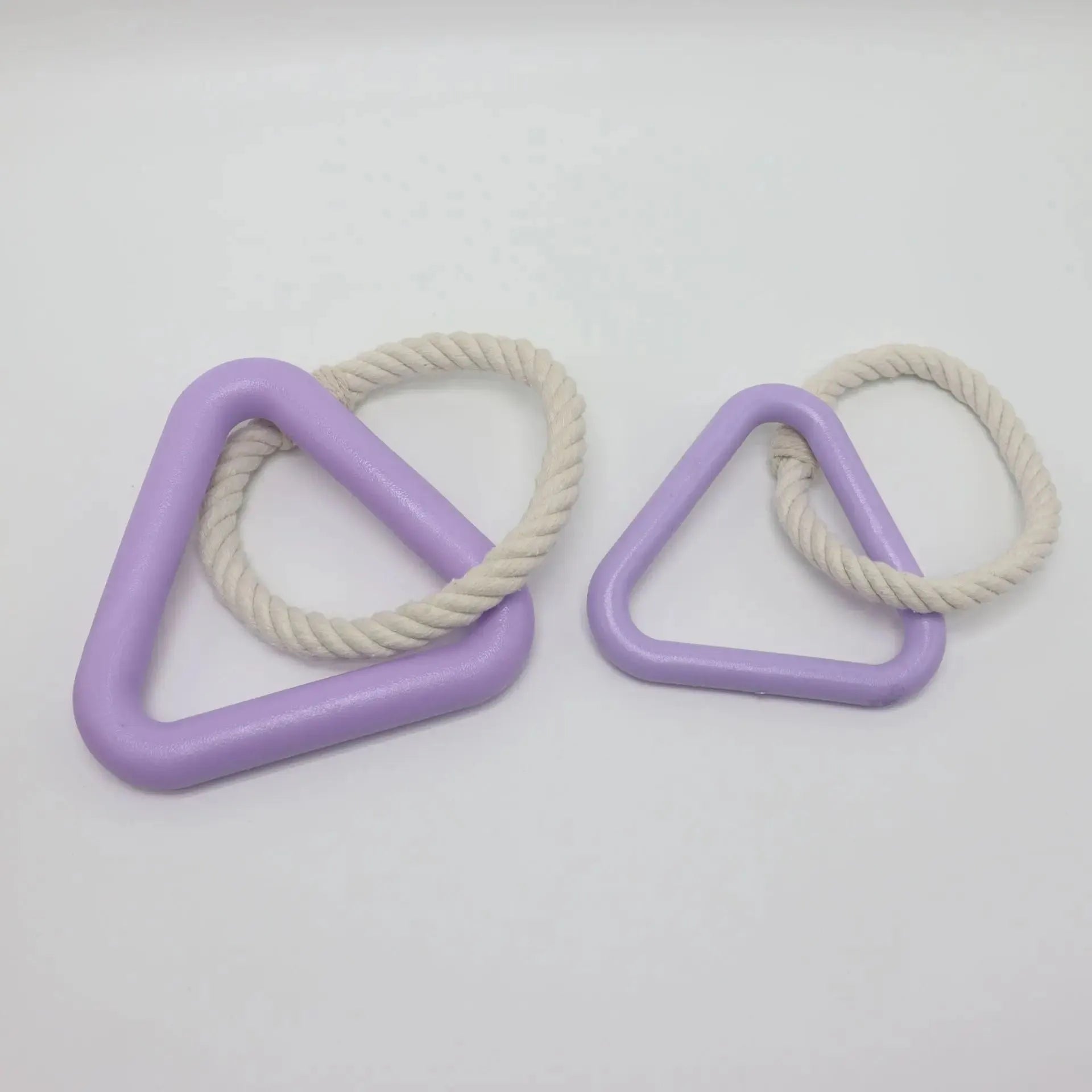 Large triangular pet pull ring toy made from cotton rope in beige, pink, or purple colour.