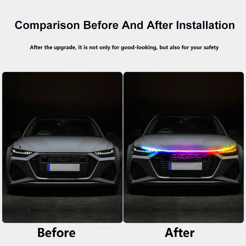 Flexible PVC LED light strip for car engine cover illumination in various colours.