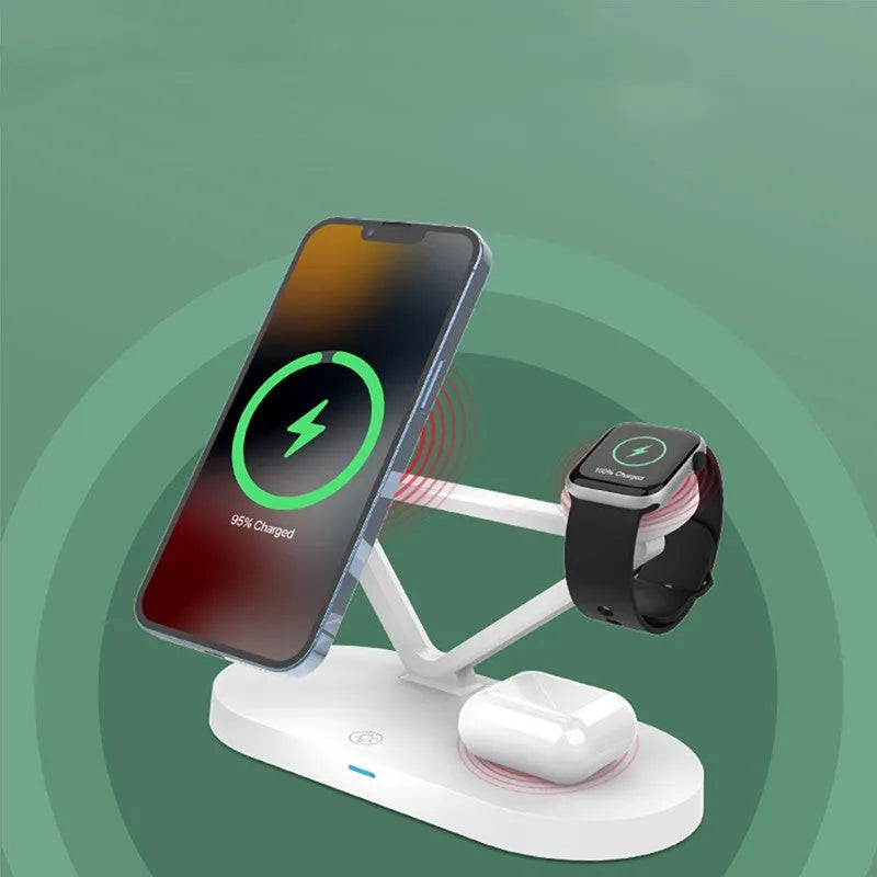 Black and white 3-in-1 wireless charging station for phone, Apple Watch and AirPods with USB port