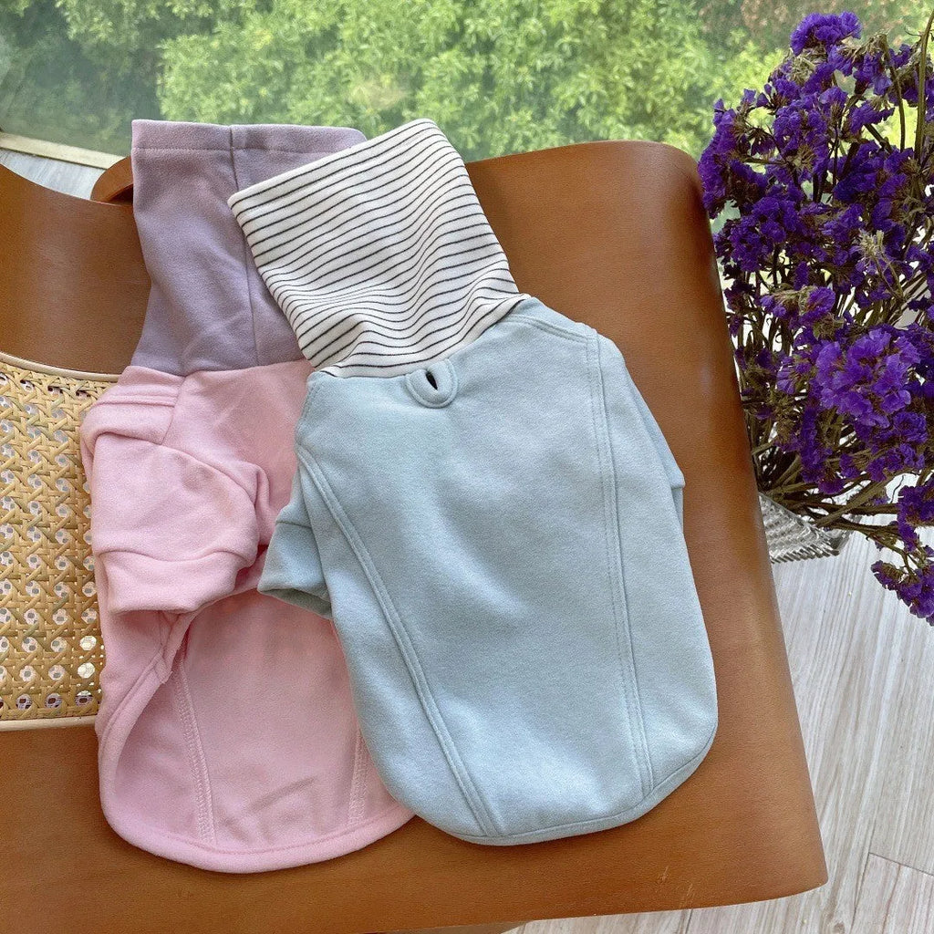 Colour block high collar dog shirt in pink, light blue, or brown, polyester pet clothes