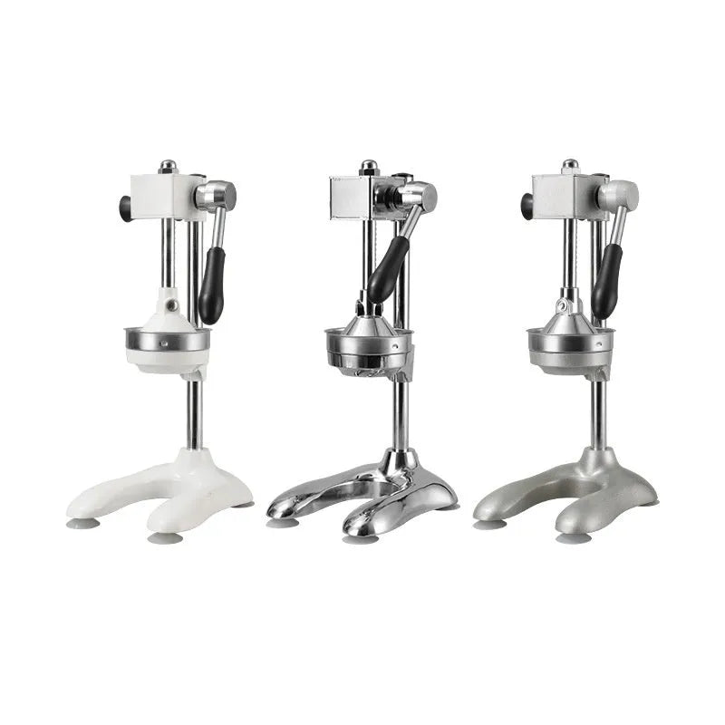 Stainless steel manual vertical juicer shown in multiple colour and tip style options.